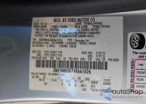 2010 Mercury Milan Premier z USA, uszkodzony, nr VIN 3MEHM0JG7AR661026